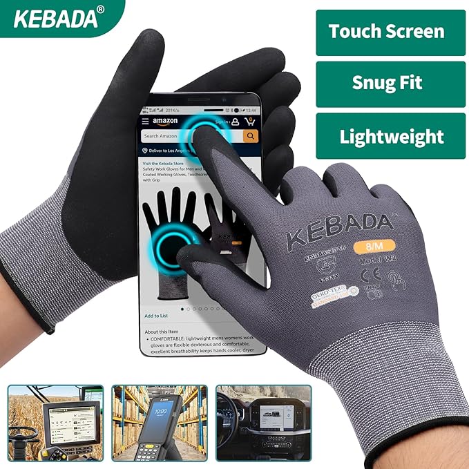 Kebada W2 Safety Work Gloves, Micro-Foam Nitrile Coated Gloves, Touchscreen,Ideal for Package Handling, Gardening, Construction, 1 Pair Large