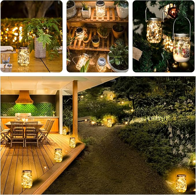 HXWEIYE 8 Pack Solar Mason Jar Lights Lanterns,Jars & Hangers Included，30LED Waterproof Hanging Outdoor Fairy Lights for Patio Garden Porch Yard Backyard Balcony Wedding(Warm White)