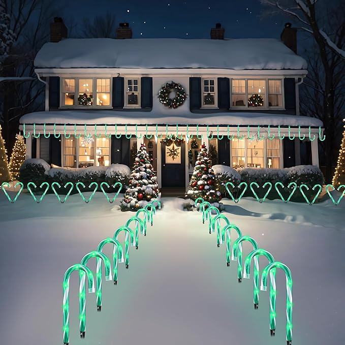 10" Christmas Candy Cane Lights - Set of 10 Pathway Markers Christmas Outdoor Yard Decorations, Green Xmas Candy Cane Stake Lights for Lawn, Walkway, Garden, Xmas Party Indoor Ornaments