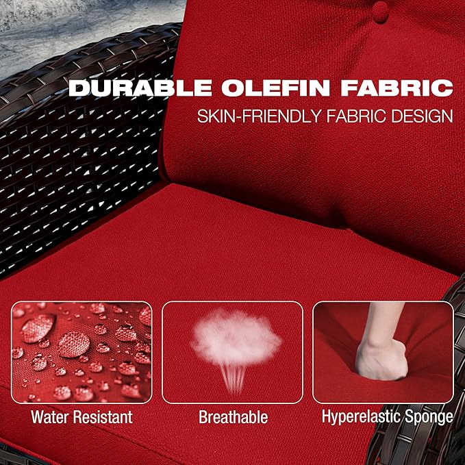 Joyside 5 Piece Patio Furniture Set, Outdoor Swivel Chair Sets with Thick Cushion and Ottoman, Wicker Patio Conversation Set for Porch, Deck Use (Brown/Red, 5 PCS)