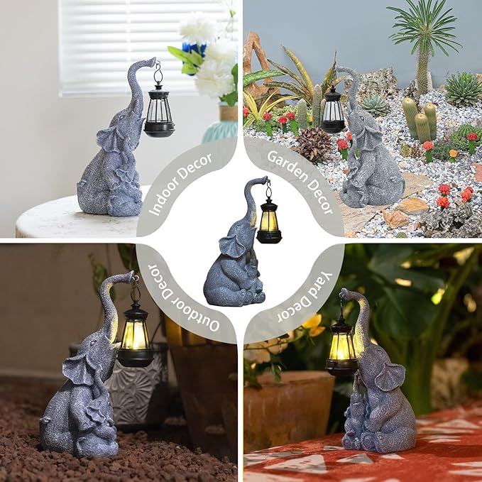 Solar Garden Elephant Statue Outdoor Decor, Cute Elephant Figurines Waterproof Garden Decor with Solar Lantern, Small Elephant Decor for Garden Yard Art Lawn Porch, Garden Gifts for Women (Elephant)