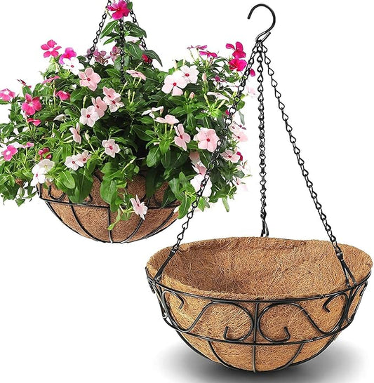 2 Pack Metal Hanging Planter Basket with Coco Coir Liner Chain Round for Garden Decoration Porch Indoor Outdoor (S Shape)