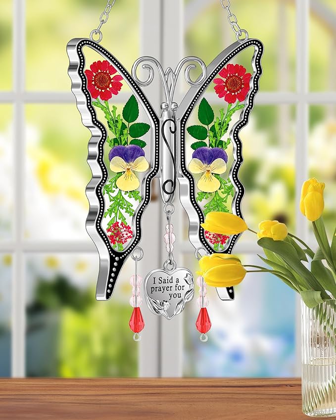 KY&BOSAM Butterfly Suncatcher I Said a Prayer for You Stained Glass Butterfly Suncatchers Hanging for Window Wind Chime Gifts for Friend Mother`s Day Birthday Christmas Thanksgiving Ornament Gifts