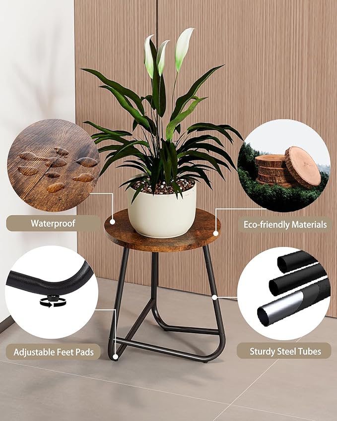 Indoor Plant Stand,Mid Century Wood Stand Plant Table,Modern Plant Stool for Outdoor,Metal Tall Holder for Flower Pots,Small Round Side End Table (Rustic Brown, 15 inch)