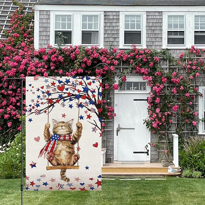 Heyfibro 4th Of July Patriotic Cute Cat Garden Flag 12x18 Double Sided Burlap, Heart Star Tree Pattern USA Flags Retro Yard Banner for Rustic Independence Day Outdoor Decor (ONLY FLAG)