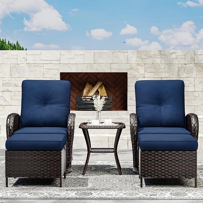 Joyside 5 Piece Patio Furniture Set, Outdoor Swivel Chair Sets with Thick Cushion and Ottoman, Wicker Patio Conversation Set for Porch, Deck Use (Brown/Blue, 5 PCS)