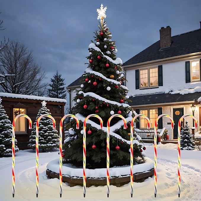 26" Candy Cane Lights Christmas Decorations - 10 Pack Pathway Markers Outdoor Yard Decorations, Candy Cane Lights for Walkway, Lawn, Garden, Xmas Indoor Ornaments, Red & Green (100 Lights Bulbs)