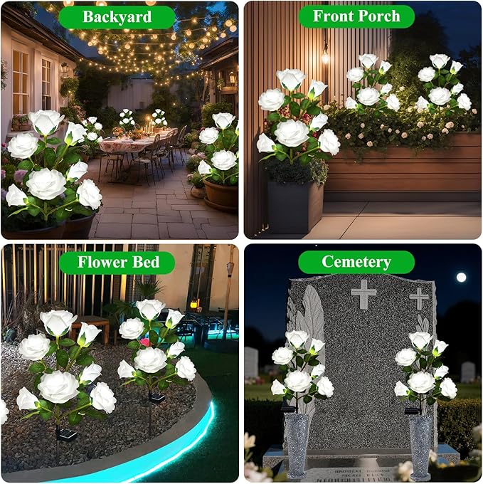 2 Pack Solar Garden Lights Outdoor, 7-Flower Rose LED Stake Light for Yard Patio Pathway Lawn Fence Cemetery, White