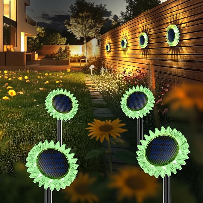 Hogni 4PK Solar Garden Lights, Ground Stake/Hang 2 in 1 Solar Sunflowers Outdoor Waterproof IP67, Outdoor Decor for Pathway Walkway Landscape Backyard Fence Decoration