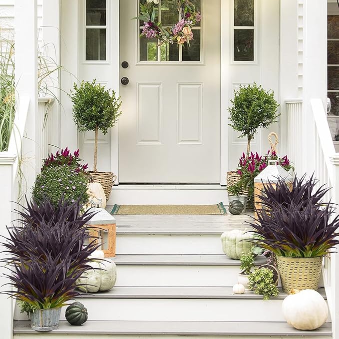 16Pcs Artificial Grass Fake Grass Plants 17.3in Outdoor Plants UV Resistant Faux Greenery Stems for Home Window Garden Patio Pathway Front Porch Halloween Décor Light Green & Purple