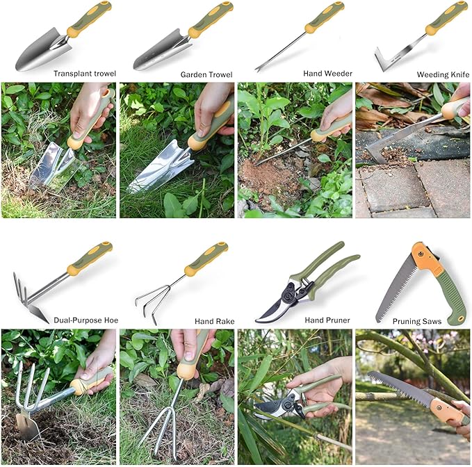 Garden Tool Set, WisaKey 9 Piece Stainless Steel Heavy Duty Gardening Hand Tools with Handle, Durable Garden Tool Bag, Gardening Gifts for Women and Men White Elephant Gifts