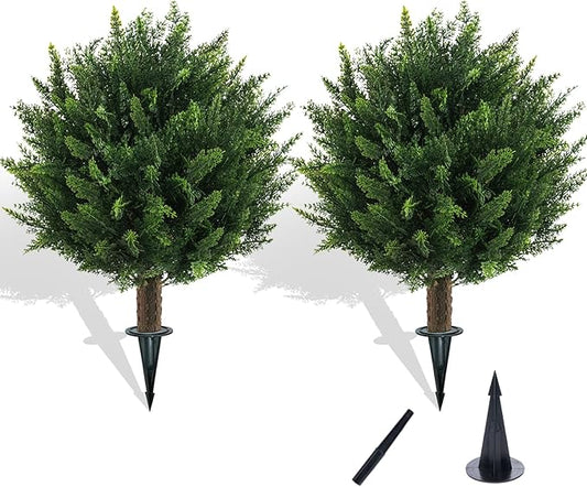 21" Artificial Cypress Topiary Outdoor Plants with Spike, 2 Pack Faux Cedar Bushes UV Resistant Fake Shrubs for Front Porch Décor