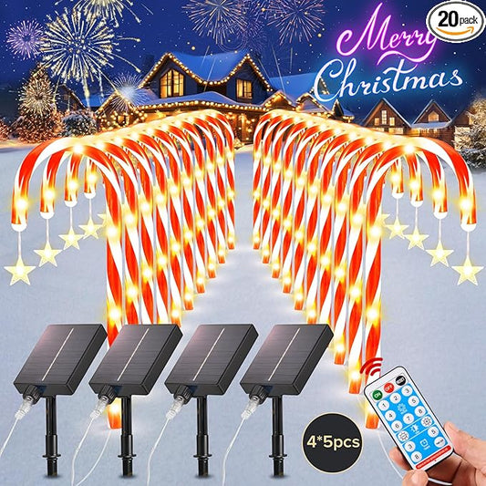19.3in Christmas Solar Candy Cane Lights, 20 Pcs Pathway Light with Snowflake 8 Flashing Modes, Outdoor Christmas Decorations for Outside Path, Walkway, Driveway, Sidewalk, Porch, Yard, Garden