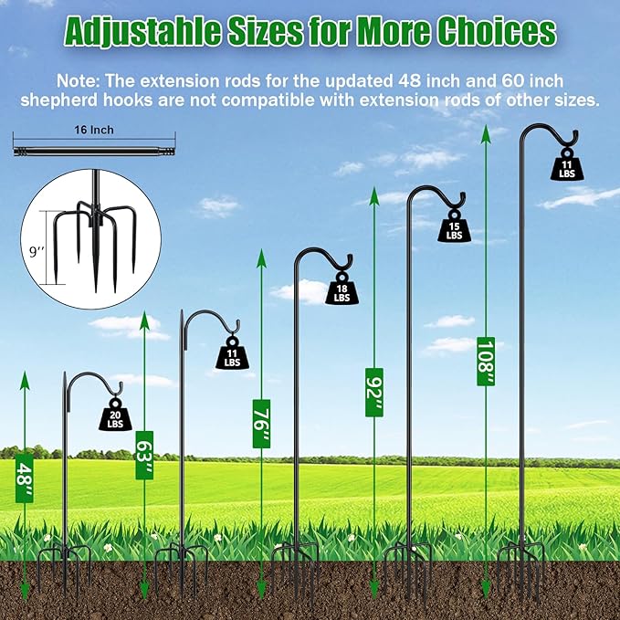 FEED GARDEN Short Shepherds Hooks for Outdoor, 48 Inch Bird Feeder Pole with 5 Prongs Base, Heavy Duty Shepherds Hook Garden Hook for Hummingbird Feeder, Hanging Lantern, Plant Baskets, 2 Pack