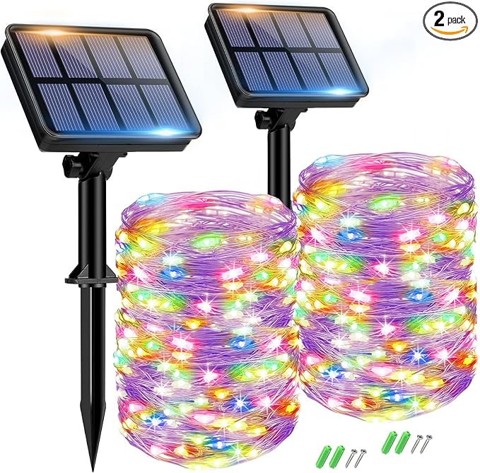 2 Pack Solar String Lights for Outside - 160LED 66FT Solar Fairy Lights Outdoor Waterproof 8 Modes, Copper Wire Solar Powered Twinkle Lights for Tree Garden Christmas Wedding Party Decor, Multicolor