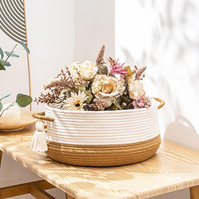 KAKAMAY Woven Baskets for Storage(16"x8"),Blanket Basket for Organizing Living Room,Cotton Rope Basket Woven Baby Laundry Hamper,Collapsible Laundry Room Organization,Clothes,Toy Chest(Brown)