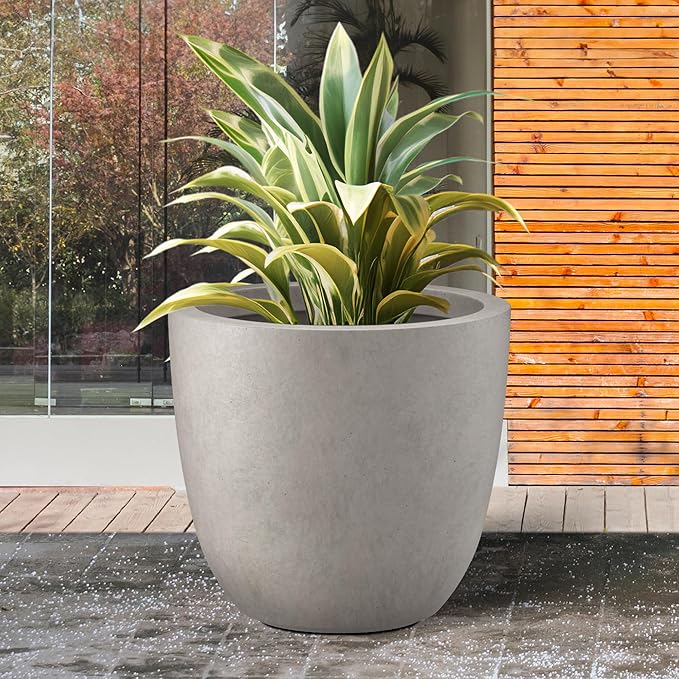 Kante 18 Inch Diameter Round Concrete Planter, Indoor Outdoor Large Plant Pot with Drainage Hole and Rubber Plug for Home Patio Garden, Buff Concrete