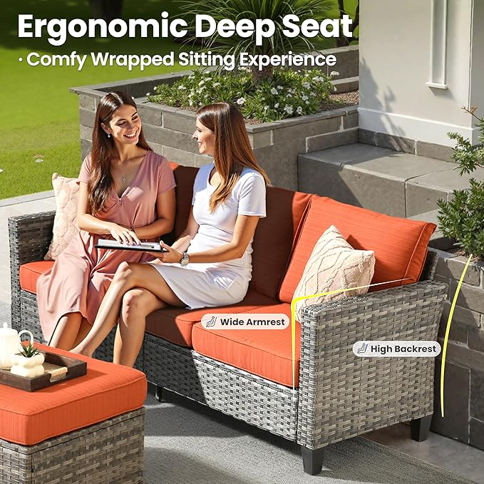 ovios 6 Pieces Patio Furniture Set with 30" Fire Pit Table, Outdoor Wicker Sofa with Comfy Cushions, All Weather High Back Rattan Couch Conversation Set, Orange Red