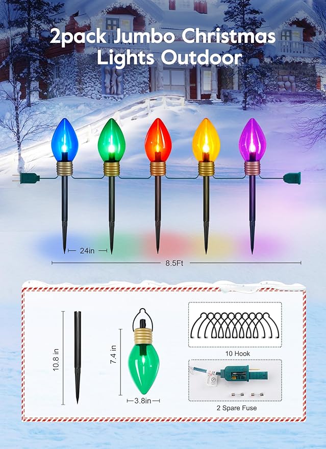 Jumbo C9 Christmas Pathway Lights Outdoor - 2 Pack Total 17 Feet 10 LED C9 Walkway Lights, Multicolor Jumbo Lights Christmas Bulb Lights Outdoor Decorations for Lawn Holiday Outside Yard Garden
