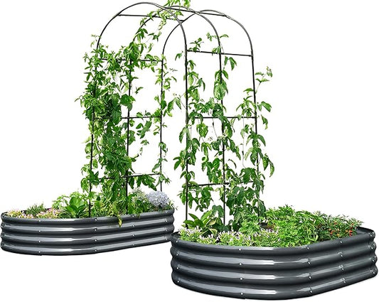 KING BIRD Raised Garden Bed with Arched Trellis Galvanized Planter Garden Box Outdoor for Gardening, Climbing Vegetables, Flowers 5.9x2.95x0.98 Ft 2PCS, Dark Grey