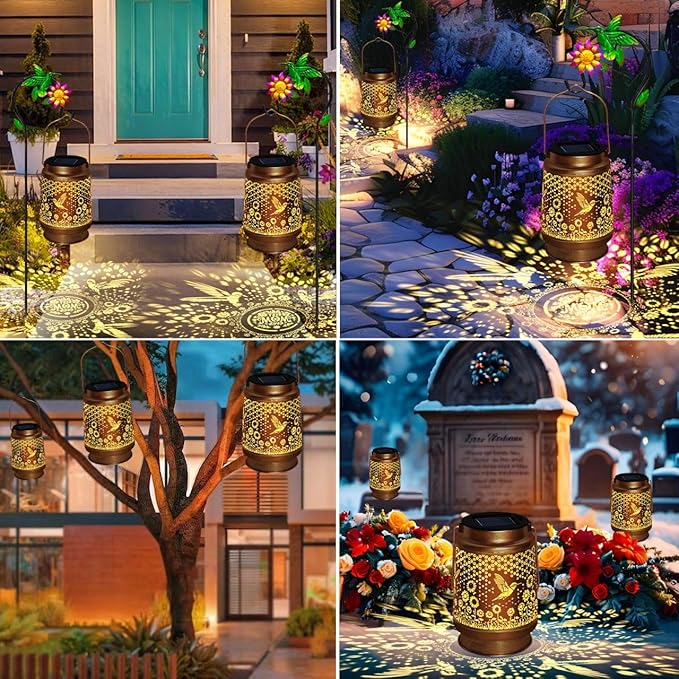 2 Pack Solar Lanterns Outdoor Decor - Perfect Gifts for Mom Women Grandma, Solar Powered Hummingbird Sunflower Lantern with 8-Hour Runtime, Waterproof & Easy to Use for Garden, Patio, Yard