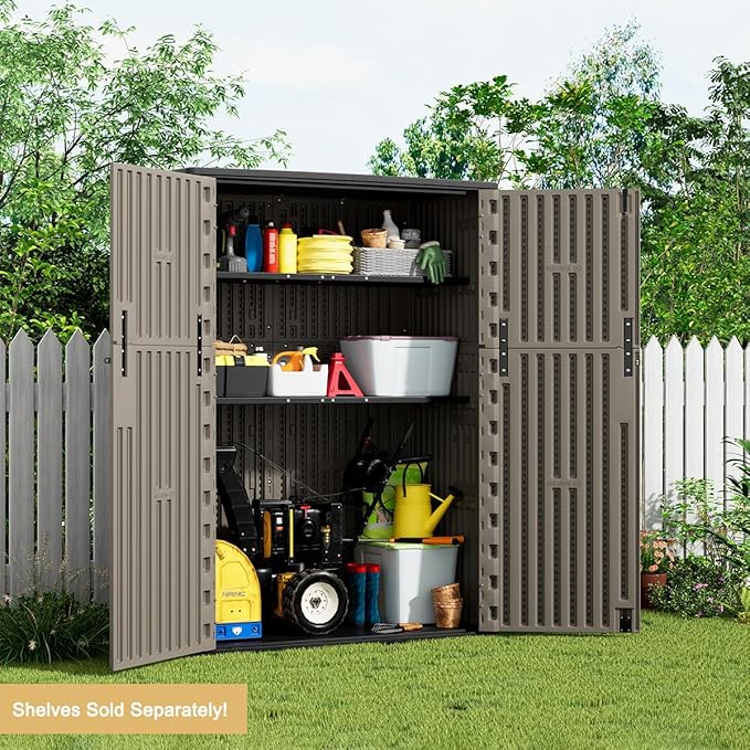 KINYING Outdoor Vertical Storage Shed,57 Cu.ft Outdoor Storage Cabinet Waterproof,Resin Sheds & Outdoor Storage Clearance for Garden,Patio,Backyard,Lockable (Brown)