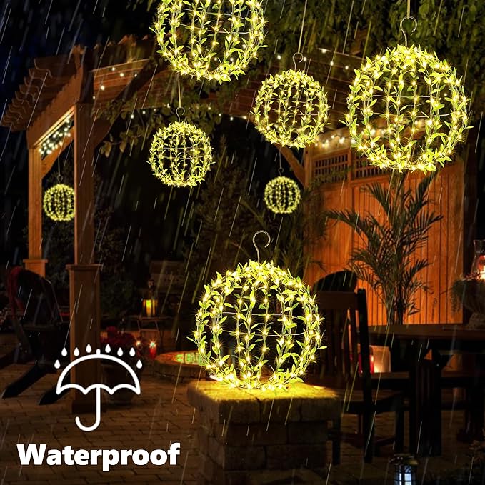 Joomer Solar Hanging Lights Outdoor, 2 Pack 12in 120 LED Solar Globe Lights, 8 Modes Waterproof Foldable Metal Sphere Light with Hook for Garden Yard Porch Decor-Warm White (Ball with Green Leaf)