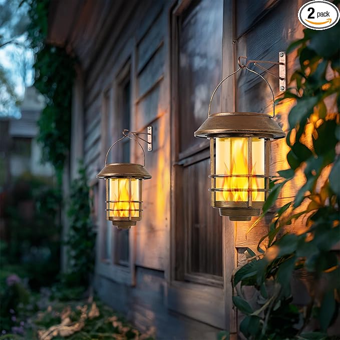 Otdair Solar Wall Lantern Outdoor, Flickering Flames Solar Sconce Lights Outdoor, Hanging Solar Lamps Wall Mount for Front Porch, Patio and Yard, 2 Pack, Yellow Bronze