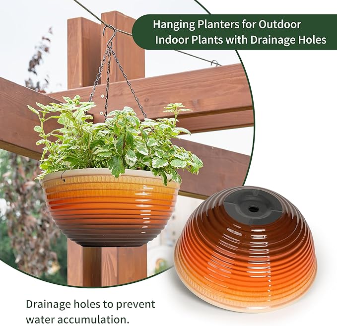 12 inch Hanging Planters for Indoor Outdoor Plants, 2 Pack Large Hanging Flower Pots with Drainage Holes and Chain, Glazed Hanging Baskets for Home Garden Decoration, Orange
