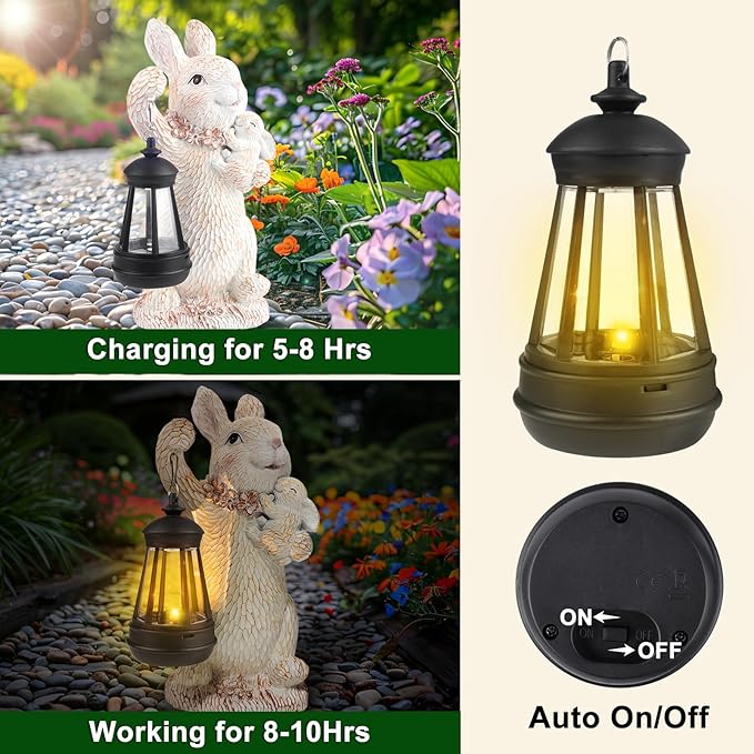 ILLUMINEW Solar Garden Statues Rabbit Lights, Outdoor Lighted Bunny Garden Decor Waterproof Figurines for Patio Porch Balcony Yard Lawn Lantern, Unique Easter Gifts for Mom Grandma Mother