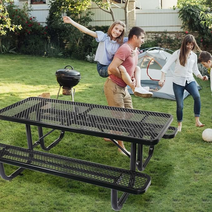 6 ft. Rectangular Outdoor Steel Picnic Table with Umbrella Pole, Heavy-Duty Weather-Resistant Dining Table for Patio, Backyard, and Garden, Rust-Resistant Finish, Black