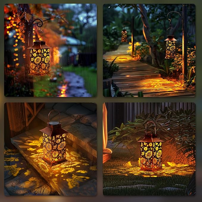 Homemory Sunflower Solar Lanterns Waterproof, Metal Hanging Hollowed-Out Metal Decor Lantern, LED Outdoor Decoration for Outside LED Lanternse for Yard, Backyard, Porch, Lawn