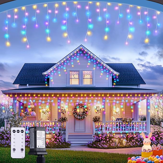 JMEXSUSS 400 LED 38.8 FT Easter Lights String Outdoor, Connectable Pastel Icicle Lights Indoor Outdoor for Easter Spring House Garden Party Decorations