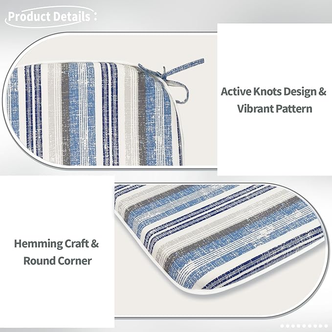 Indoor/Outdoor Chair Cushions 16x17 Inch, Patio Chair Cushions with Ties, All Weather Seat Cushions for Patio Furniture Home Garden Chair Use, Set of 2, Stripe Layered Blue