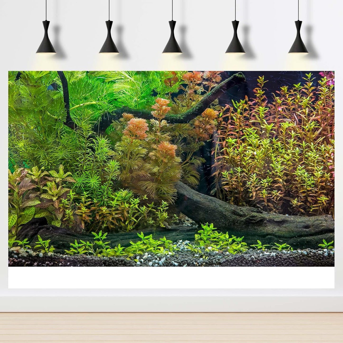 Aquarium Backdrop Underwater Grass Leaves with Pebbles Exquisite Aquarium Background Vivid Green Aquatic Plant Stone River Bed Fish Dead Wood Fresh Leaves Tank Background Decors Vinyl 30x12in