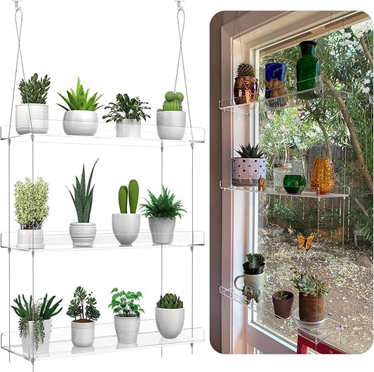 3-Tier Hanging Clear Plant Shelves for Windows, Acrylic Window Wall Plant Stand Shelf for Kitchen Indoor Gardens, Flower, Succulents, Herb, Seedling Organization, and Pots Display, 16 Inch per Tier
