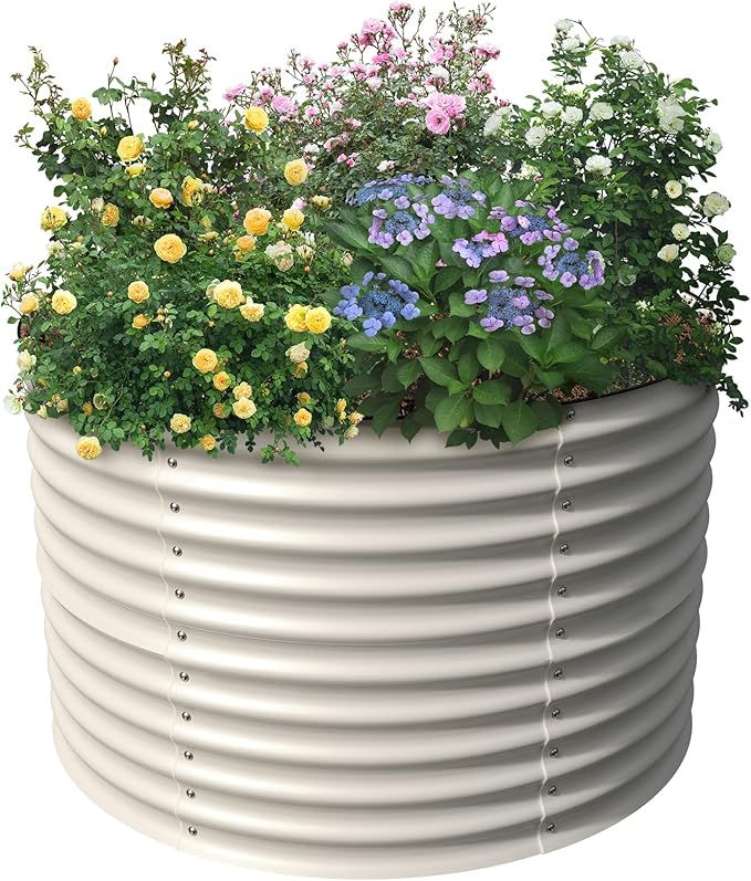 Olle 32" Tall, Raised Beds for Gardening Galvanized Raised Garden Beds Round Garden Bed Metal Flower Bed Outdoor, Backyard Garden Planter Box, Ivory