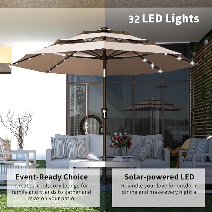 Kingdura 9ft 3-Tier Patio Umbrella with Solar Lights, Table Umbrella Outdoor Patio with Easy Crank & Tilt, 8 Sturdy Ribs, UV Protection, 32 LED Lights for Deck, Poolside, Market (Beige)