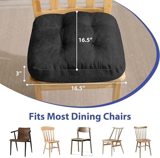 Chair Cushions, Foam Dining Chair Cushions, Tufted Indoor Chair Pads, 16.5” x 16.5” x 3.5”, Set of 2, Black