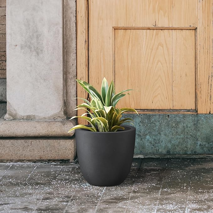 Kante 10 Inch Dia Round Concrete Planter, Indoor Outdoor Large Plant Pot with Drainage Hole and Rubber Plug for Home Patio Garden, Black