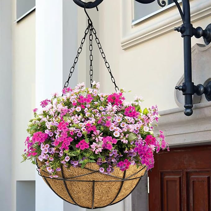 2 Pack 20 Inch Extra Large Deep Hanging Planters for Outdoor Plants Watering Hanging Baskets Flower Pots with Coco Liners Metal Hanging Plant Holder for Porch Balcony Garden Decor