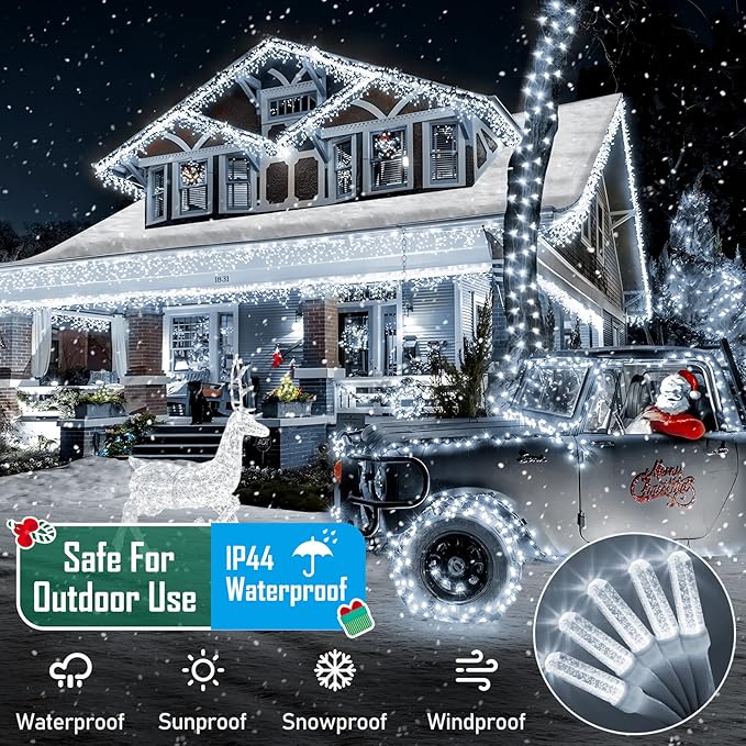 Heceltt 1140 LED 449 FT String Lights Outdoor, 8 Modes White Christmas Lights Plug in, IP44 Waterproof Led String Lights with Timer and Memory for Xmas Tree Yard Party Garden Decorations