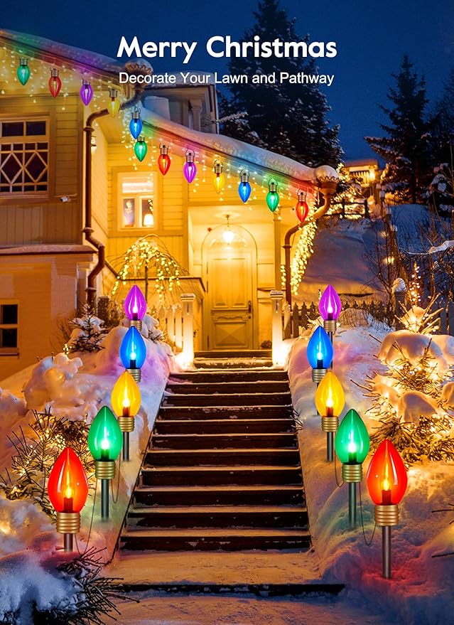 Christmas Lights Jumbo C9 Outdoor Lawn Decorations with Pathway Marker Stakes, 2 Pack 8.5 Feet String Lights Covered Jumbo Multicolored Light Bulb for Holiday Outside Yard Garden Decor, 10 Lights