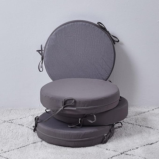 15 x 15 Inch Round Cushions for Outdoor Furniture Non-Slip Waterproof Patio Bistro Chair Cushion with Ties Bar Stool Seat Cushion for Kitchen Chairs Set of 4, Dark Gray