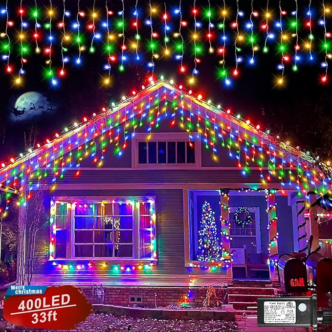 Icicle Lights for Outside, 33FT 400 LED Christmas Lights Outdoor Indoor with 8 Modes 75 Drops, Waterproof Connectable Twinkle String Light for Patio Yard Garden Wedding Party Decor, Multicolor