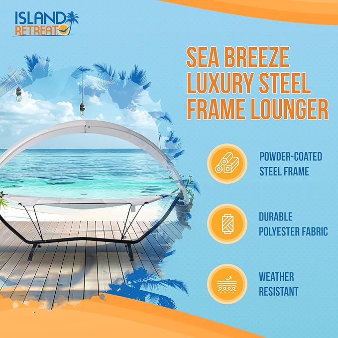 Island Retreat Sea Breeze Steel Frame Hammock Lounge Chair with Canopy - Luxury Shaded Hammock with Stand for Outside - Boho Style Beach Chair with Adjustable & Removeable Canopy - Black & Champagne
