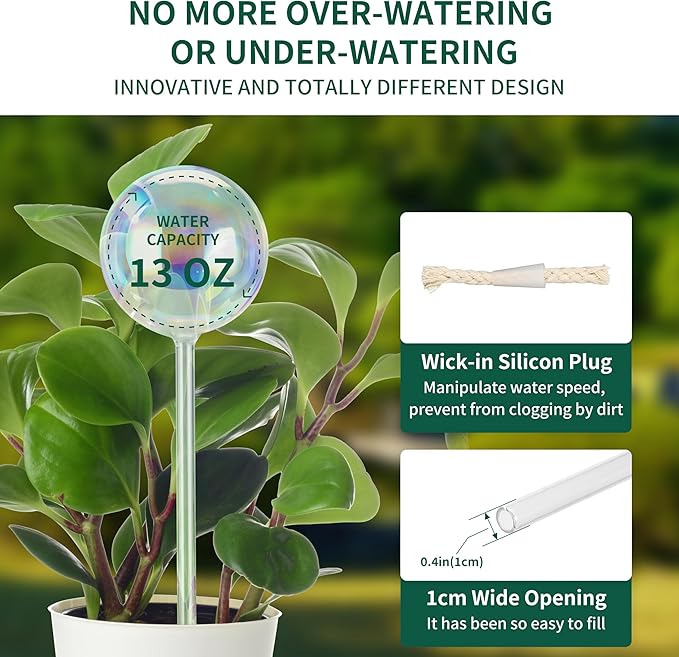 13 oz Up 2 Weeks Extra Large Plant Self Watering Globes, Light Iridescent Glass Water Bulbs for Indoor Plants, Vacation Watering System, Self-Watering Stakes, Automatic Plant Waterer, 2 Pack