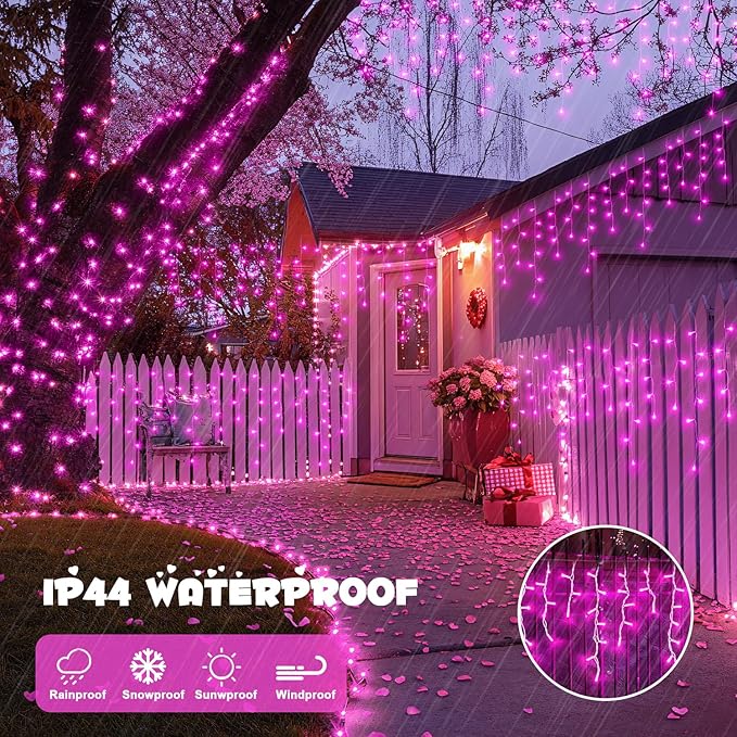 JMEXSUSS 400 LED Pink Valentine Lights, Connectable Pink Christmas Lights Indoor Outdoor with Remote, Pink Icicle String Lights for Room Fireplace Decorations