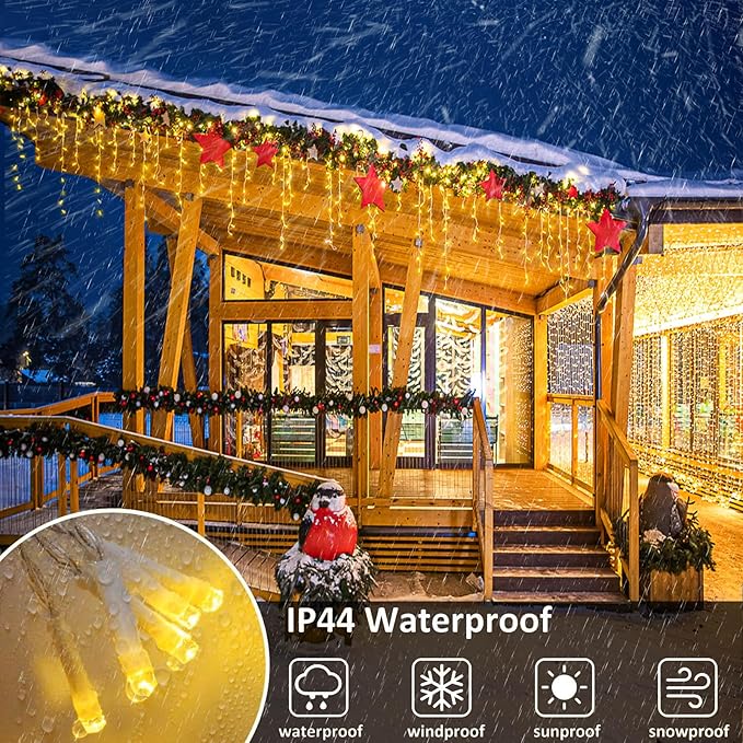 Christmas Icicle Lights Outdoor, 640 LED 66FT Icicle Lights for Outside with 8 Modes Timers, Waterproof Plug in Connectable Christmas Light for House Yard Patio Eave Wedding Decorations, Warm White