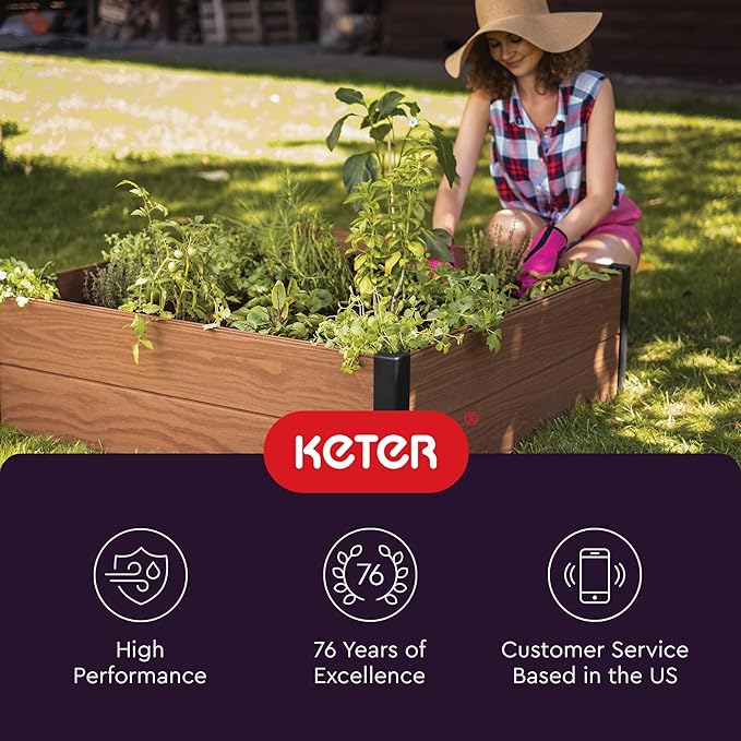 Keter 48" X 48" inches Wood Look Raised Garden Bed, Durable Outdoor Herb Garden Planter for Vegetables, Flowers, and Succulents, Brown